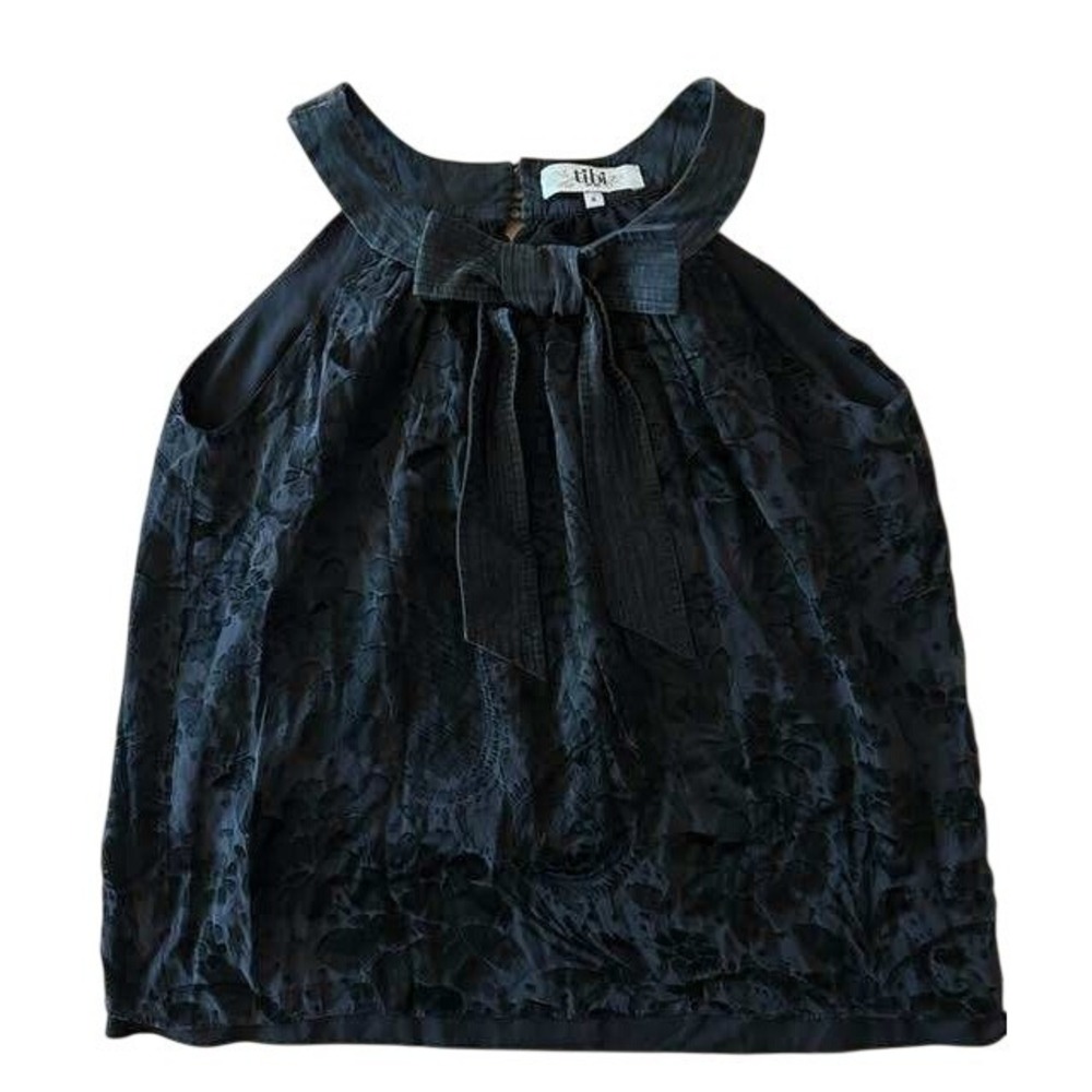 Tibi New York Black Burnout Velvet Floral Bow Halter Blouse Silk Blend Size 4